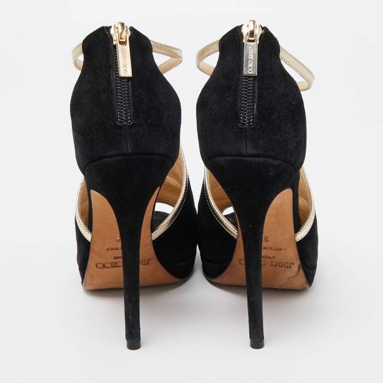 Pre Owned Jimmy Choo Black Suede and Leather Fey  Ankle Strap Sandals Size 36