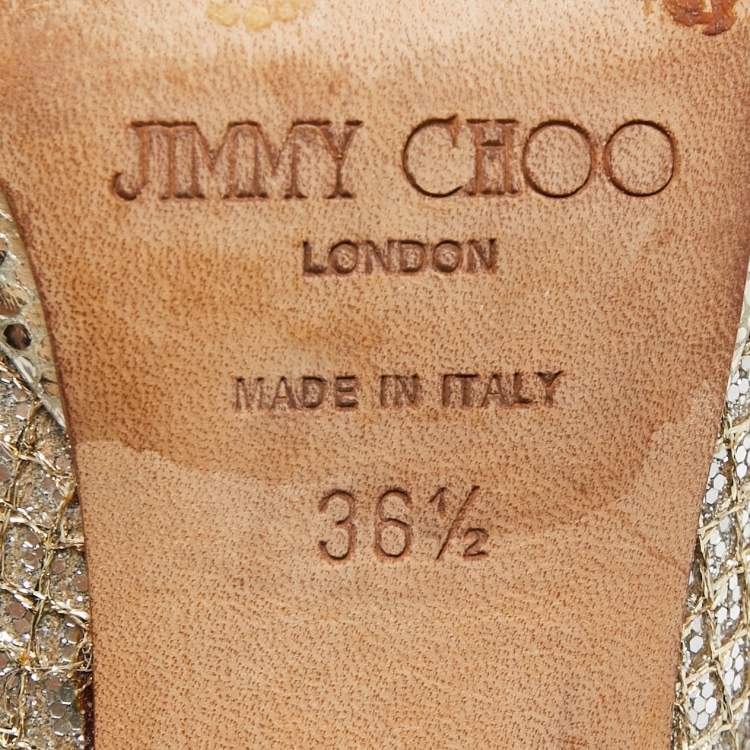 Pre Owned Jimmy Choo Silver/Gold Glitter Fabric Platform Pumps Size 36.5