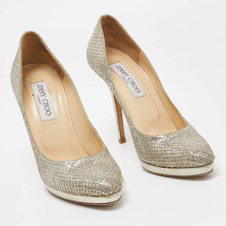 Pre Owned Jimmy Choo Silver/Gold Glitter Fabric Platform Pumps Size 36.5