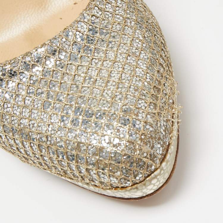 Pre Owned Jimmy Choo Silver/Gold Glitter Fabric Platform Pumps Size 36.5