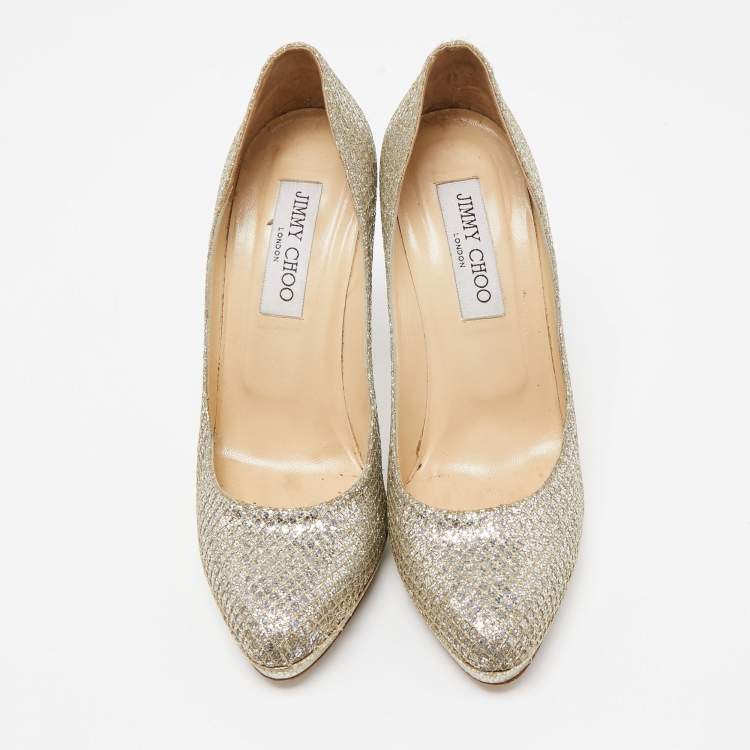 Pre Owned Jimmy Choo Silver/Gold Glitter Fabric Platform Pumps Size 36.5
