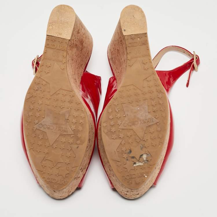 Pre Owned Jimmy Choo Red Patent Leather Prova Wedge Sandals Size 39