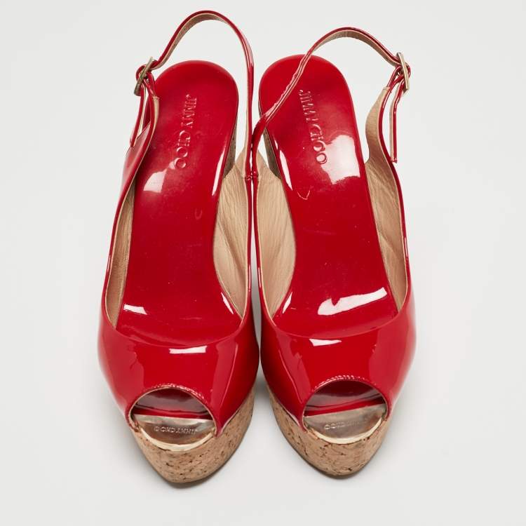 Pre Owned Jimmy Choo Red Patent Leather Prova Wedge Sandals Size 39