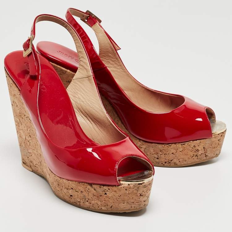Pre Owned Jimmy Choo Red Patent Leather Prova Wedge Sandals Size 39