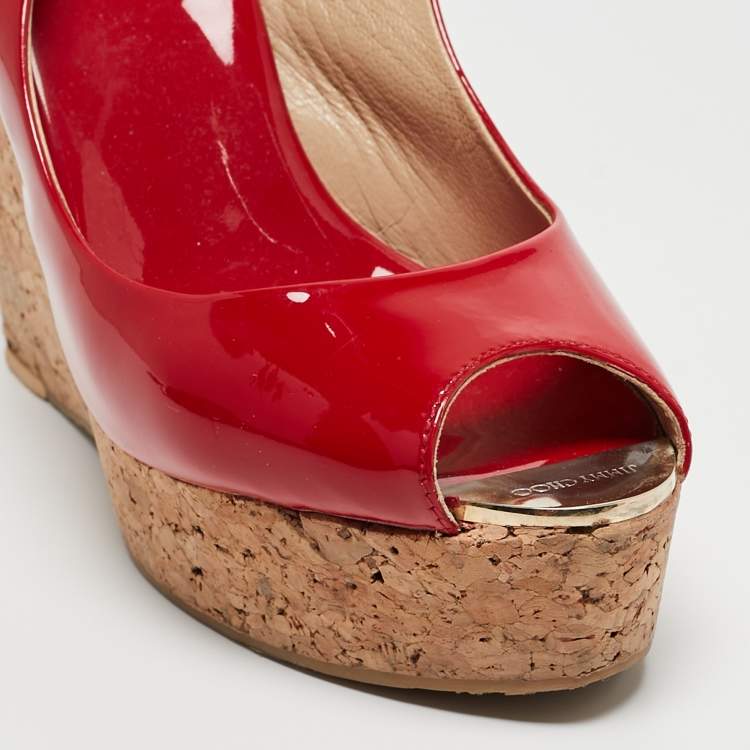 Pre Owned Jimmy Choo Red Patent Leather Prova Wedge Sandals Size 39