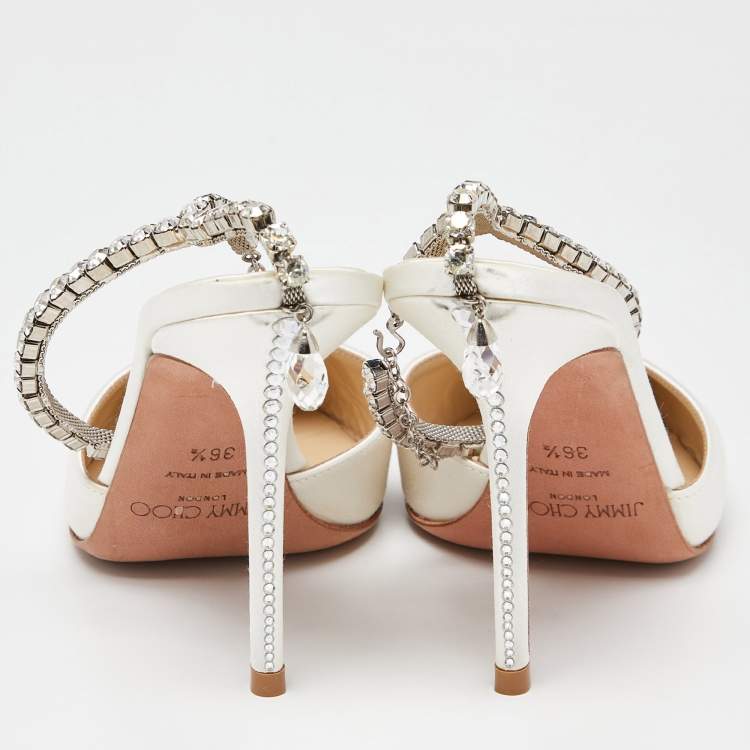 Pre Owned Jimmy Choo Off White Satin Saeda Crystals Ankle Strap Pumps Size 36.5