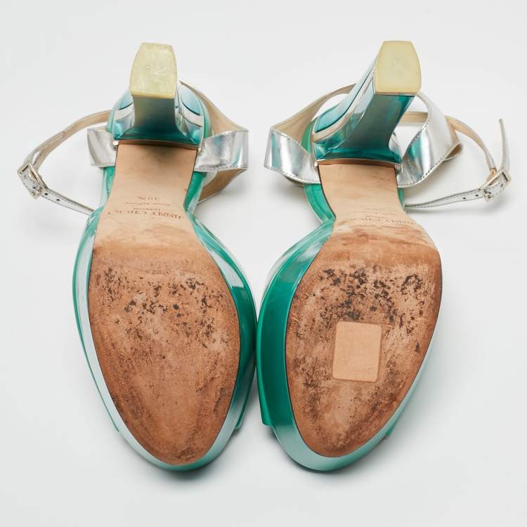 Pre Owned Jimmy Choo Green/Silver Leather Lolita Platform Sandals Size 38.5