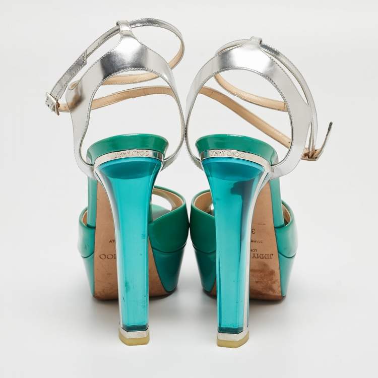 Pre Owned Jimmy Choo Green/Silver Leather Lolita Platform Sandals Size 38.5