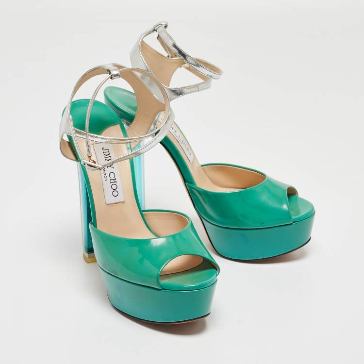 Pre Owned Jimmy Choo Green/Silver Leather Lolita Platform Sandals Size 38.5