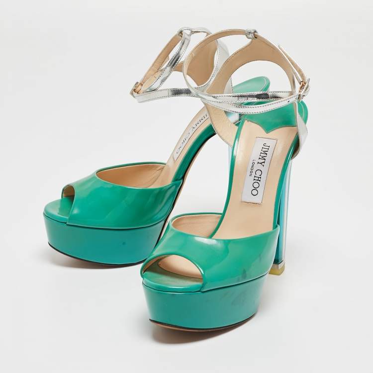 Pre Owned Jimmy Choo Green/Silver Leather Lolita Platform Sandals Size 38.5