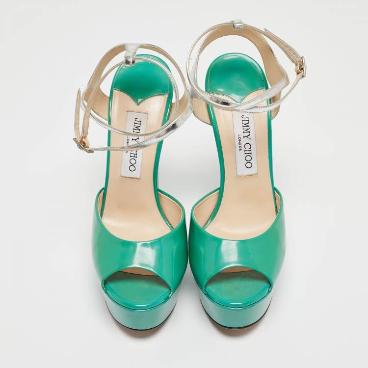 Pre Owned Jimmy Choo Green/Silver Leather Lolita Platform Sandals Size 38.5