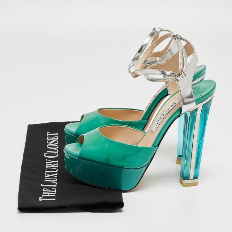 Pre Owned Jimmy Choo Green/Silver Leather Lolita Platform Sandals Size 38.5
