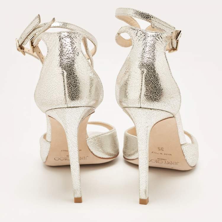 Pre Owned Jimmy Choo Silver Crackled Patent Leather Lane Sandals Size 35