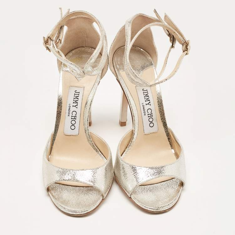Pre Owned Jimmy Choo Silver Crackled Patent Leather Lane Sandals Size 35