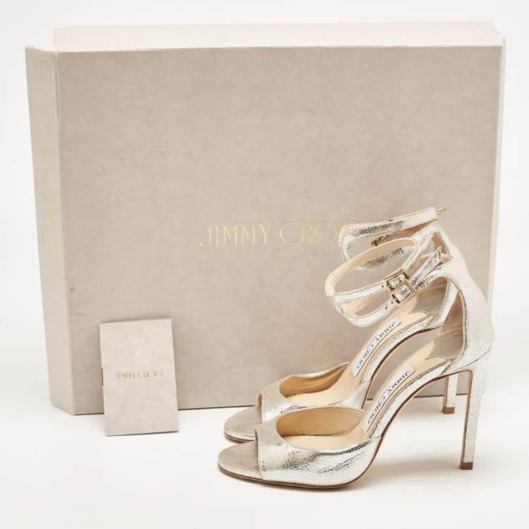 Pre Owned Jimmy Choo Silver Crackled Patent Leather Lane Sandals Size 35