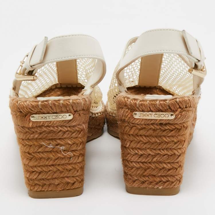 مملوكة مسبقًا Jimmy Choo Cream/White Leather and Mesh Wedge Slingback Pumps Size 39