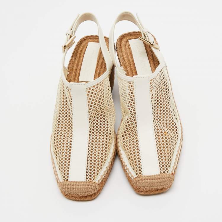 مملوكة مسبقًا Jimmy Choo Cream/White Leather and Mesh Wedge Slingback Pumps Size 39
