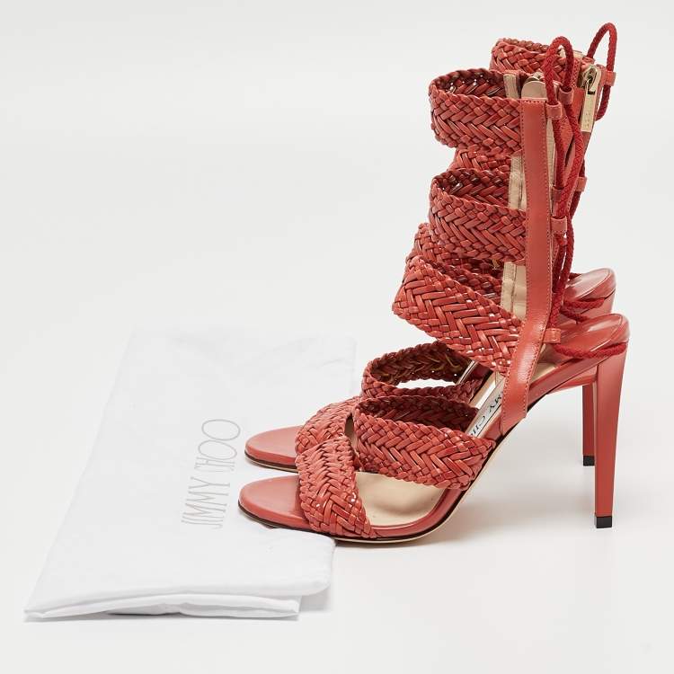 Pre Owned Jimmy Choo Orange Braided Leather and Suede Lima Gladiator Sandals Size 36