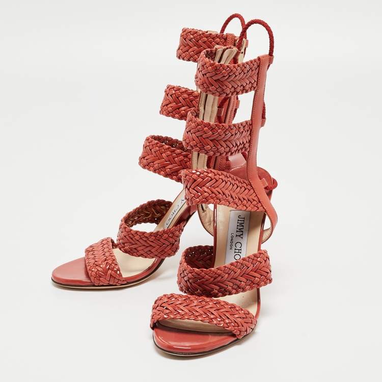 Pre Owned Jimmy Choo Orange Braided Leather and Suede Lima Gladiator Sandals Size 36