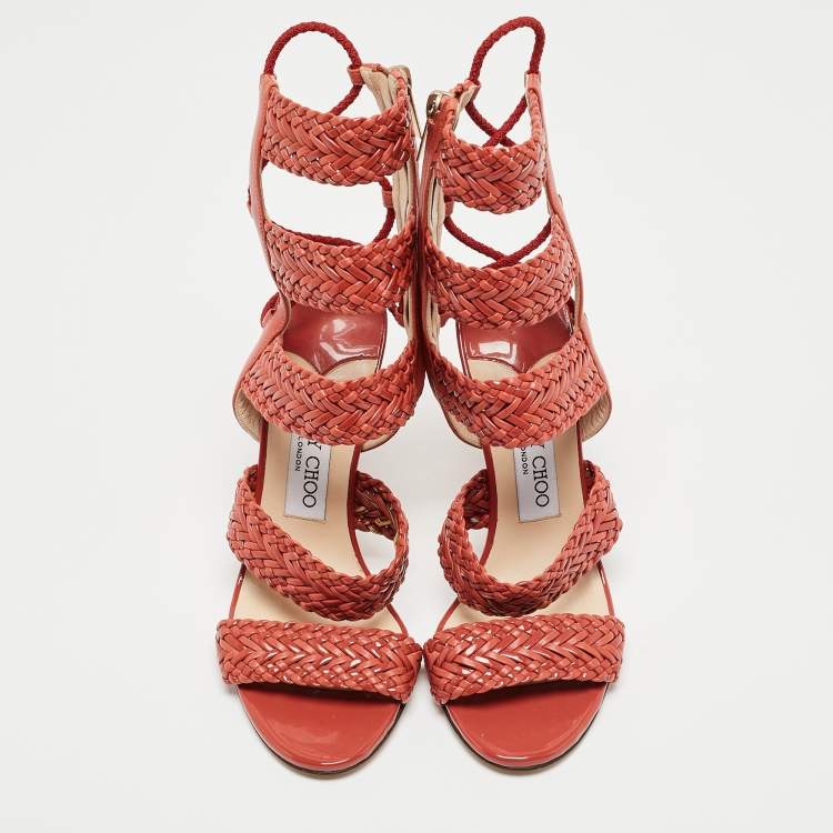 Pre Owned Jimmy Choo Orange Braided Leather and Suede Lima Gladiator Sandals Size 36