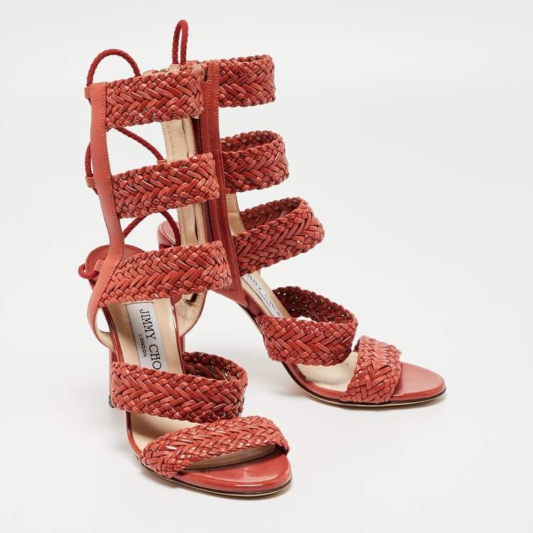 Pre Owned Jimmy Choo Orange Braided Leather and Suede Lima Gladiator Sandals Size 36