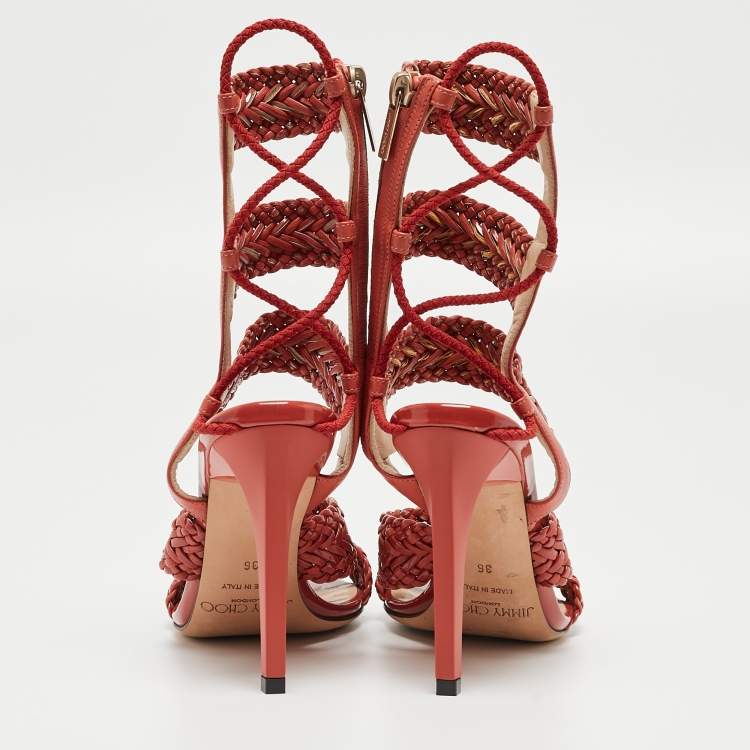 Pre Owned Jimmy Choo Orange Braided Leather and Suede Lima Gladiator Sandals Size 36
