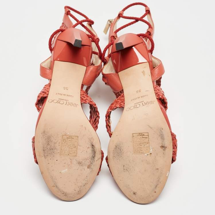 Pre Owned Jimmy Choo Orange Braided Leather and Suede Lima Gladiator Sandals Size 36