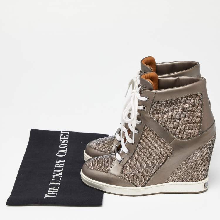 Pre Owned Jimmy Choo Metallic Leather and Lurex Fabric Tokyo Wedge Sneakers Size 37