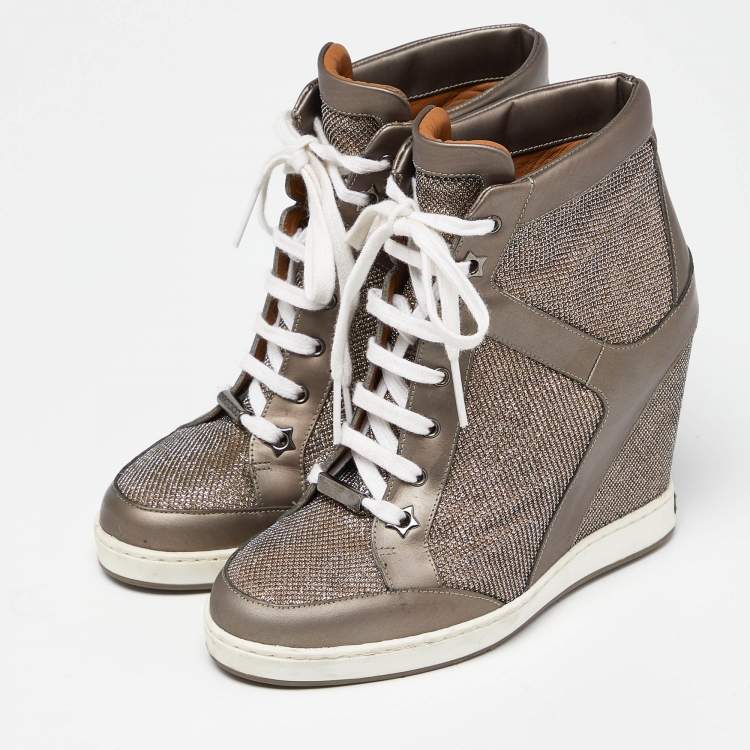 Pre Owned Jimmy Choo Metallic Leather and Lurex Fabric Tokyo Wedge Sneakers Size 37