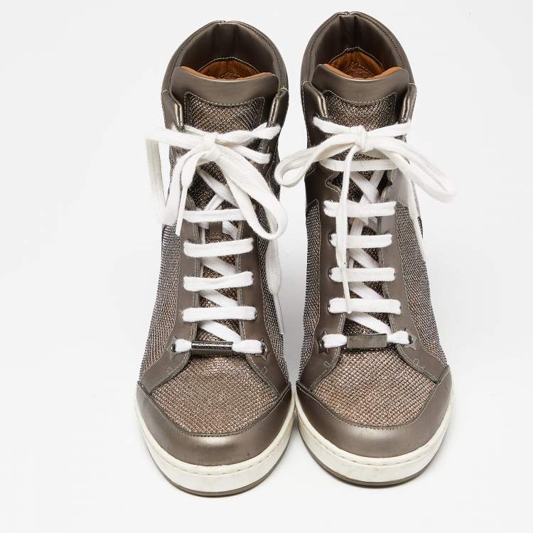 Pre Owned Jimmy Choo Metallic Leather and Lurex Fabric Tokyo Wedge Sneakers Size 37