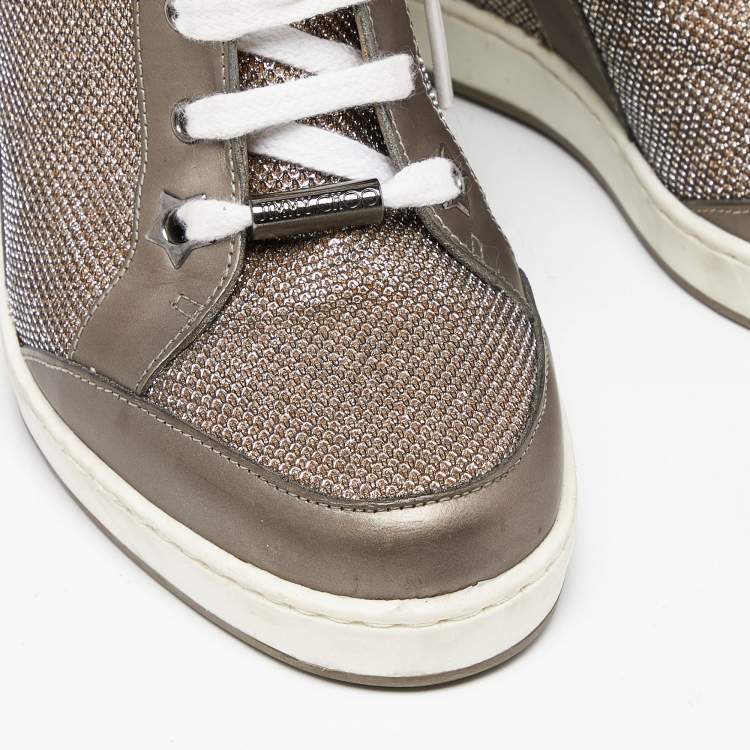 Pre Owned Jimmy Choo Metallic Leather and Lurex Fabric Tokyo Wedge Sneakers Size 37