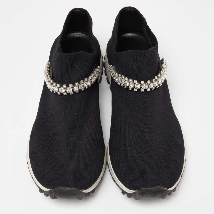 Pre Owned Jimmy Choo Black Knit Fabric Crystal Embellished Verona Sneakers Size 38