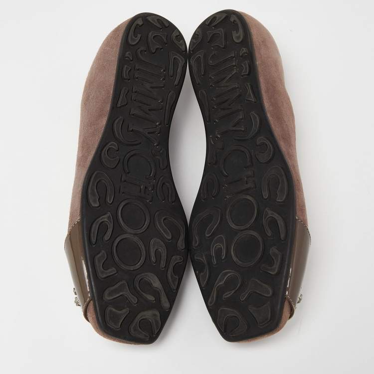 Pre Owned Jimmy Choo Brown Suede and Patent Crystal Embellished Ballet Flats Size 37