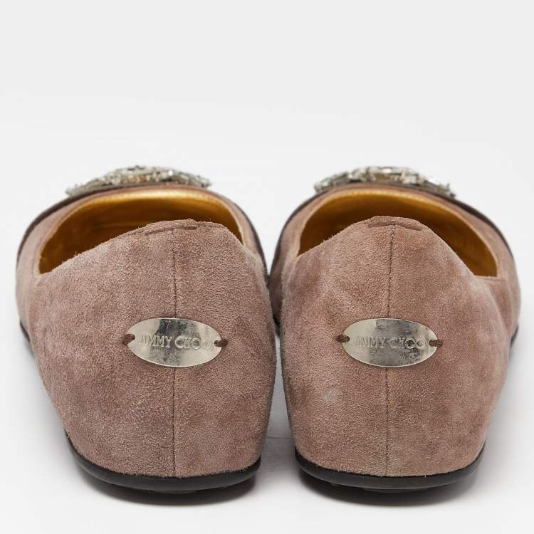 Pre Owned Jimmy Choo Brown Suede and Patent Crystal Embellished Ballet Flats Size 37