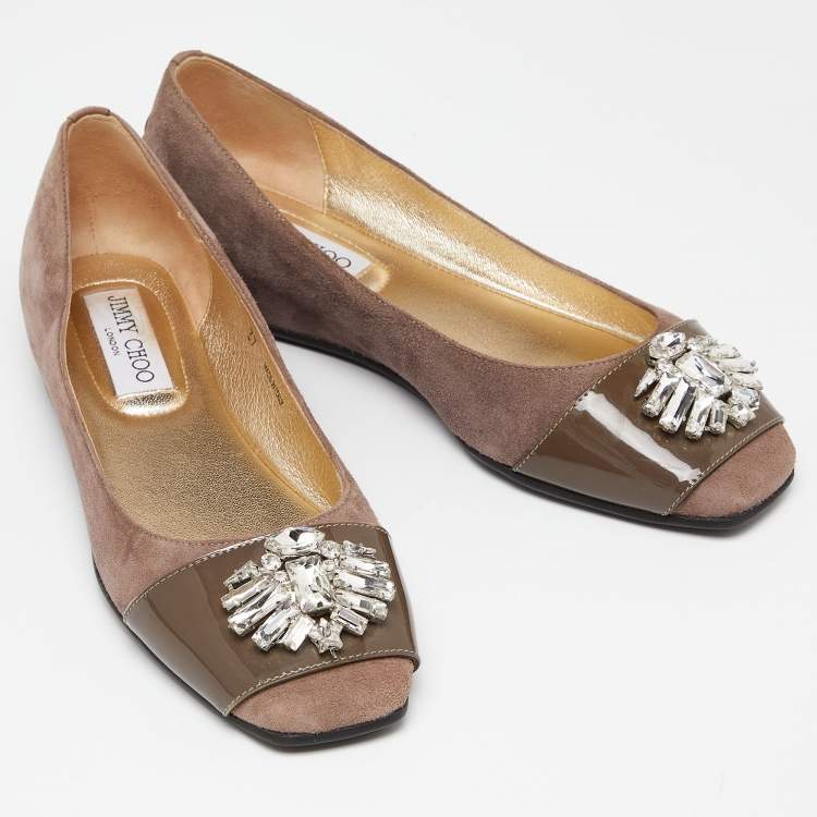 Pre Owned Jimmy Choo Brown Suede and Patent Crystal Embellished Ballet Flats Size 37
