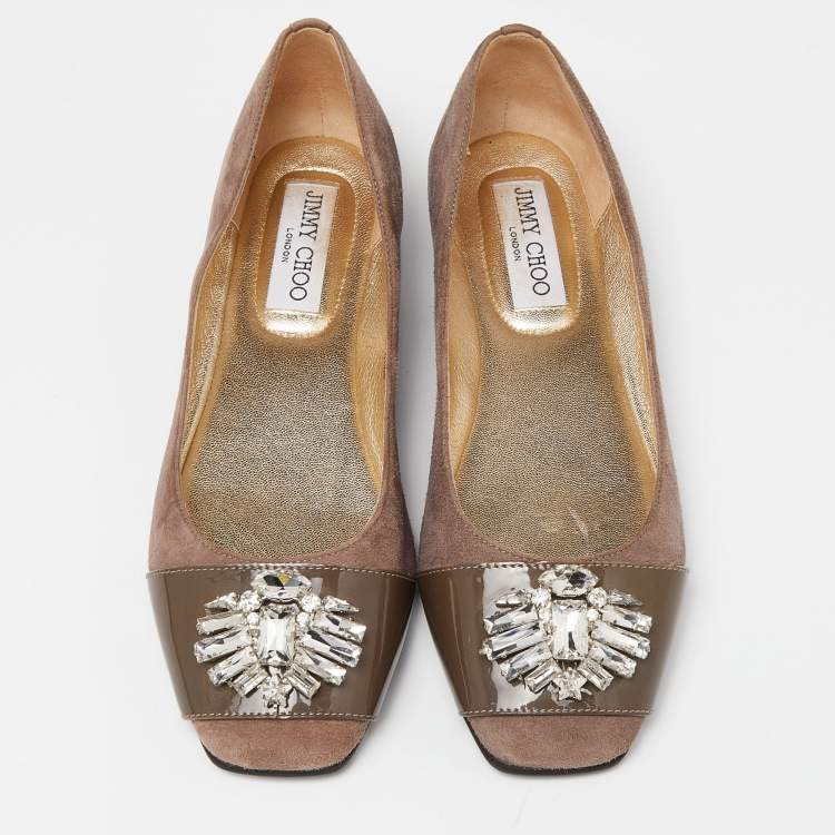 Pre Owned Jimmy Choo Brown Suede and Patent Crystal Embellished Ballet Flats Size 37