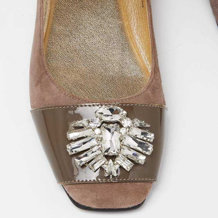 Pre Owned Jimmy Choo Brown Suede and Patent Crystal Embellished Ballet Flats Size 37