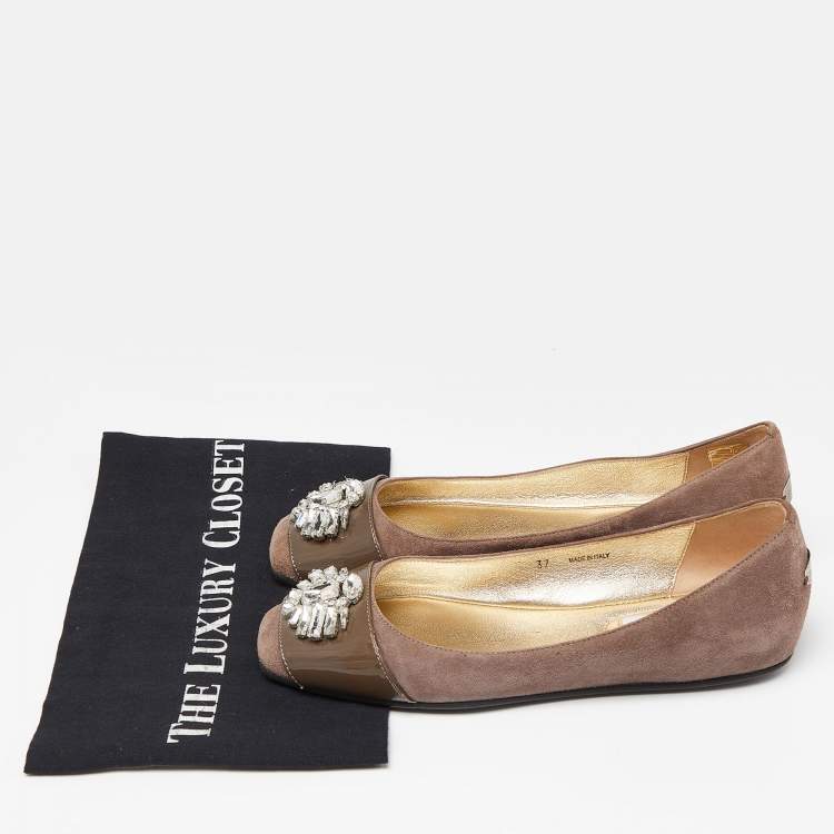Pre Owned Jimmy Choo Brown Suede and Patent Crystal Embellished Ballet Flats Size 37