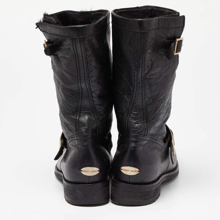 Pre Owned Jimmy Choo Black Leather Buckle Detail Mid Calf Biker Boots Size 38