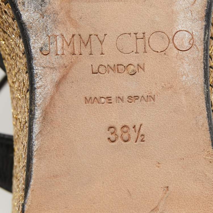 Pre Owned Jimmy Choo Black Leather Cross Ankle Strap Wedge Sandals Size 38.5