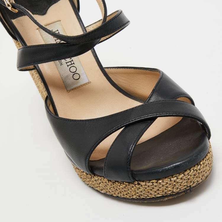 Pre Owned Jimmy Choo Black Leather Cross Ankle Strap Wedge Sandals Size 38.5
