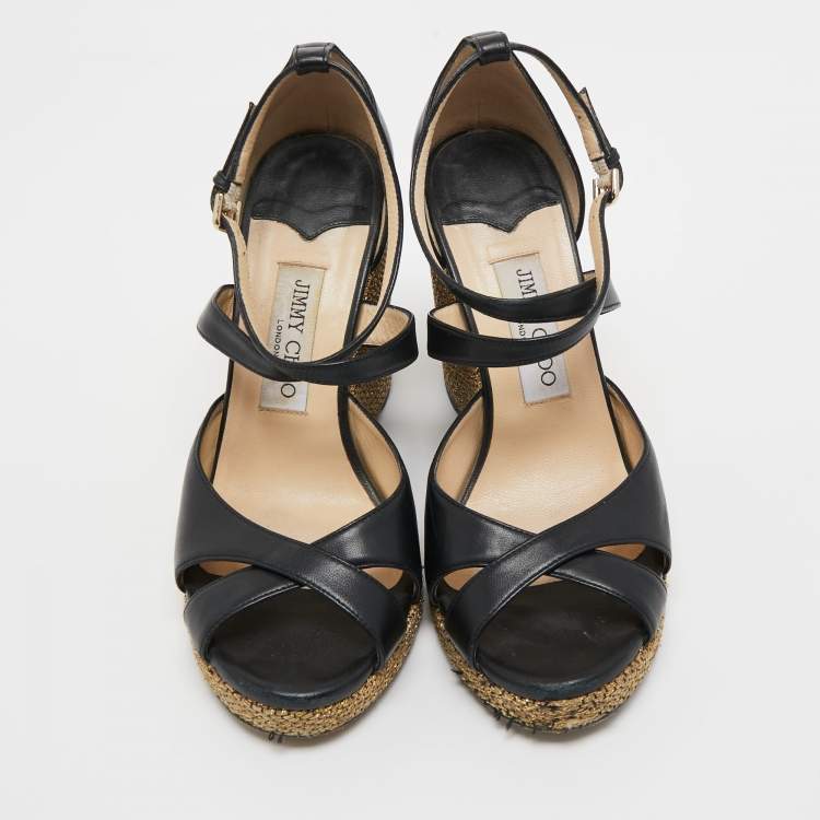 Pre Owned Jimmy Choo Black Leather Cross Ankle Strap Wedge Sandals Size 38.5