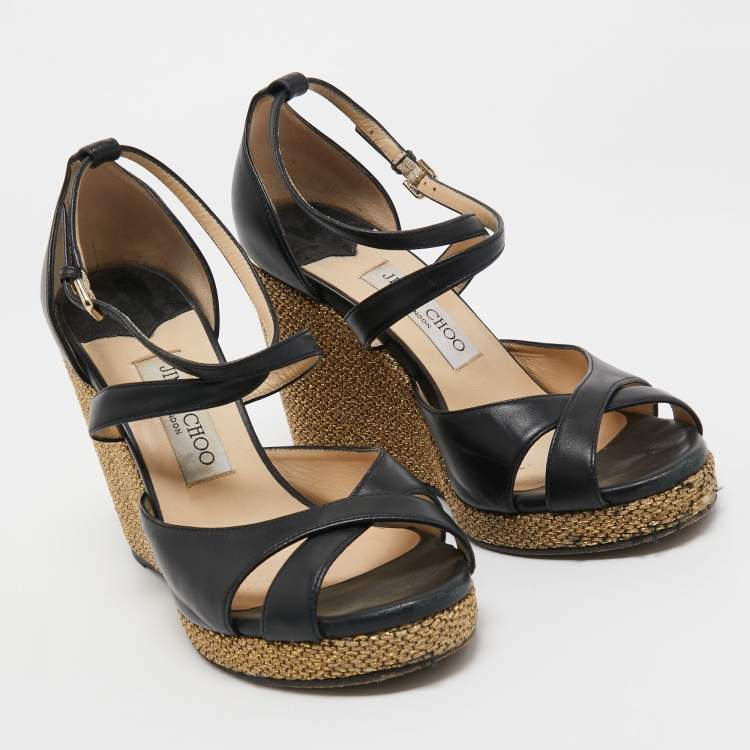 Pre Owned Jimmy Choo Black Leather Cross Ankle Strap Wedge Sandals Size 38.5
