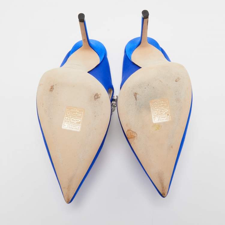 Pre Owned Jimmy Choo Blue Satin Crystal Embellished Bing Mules Size 37.5