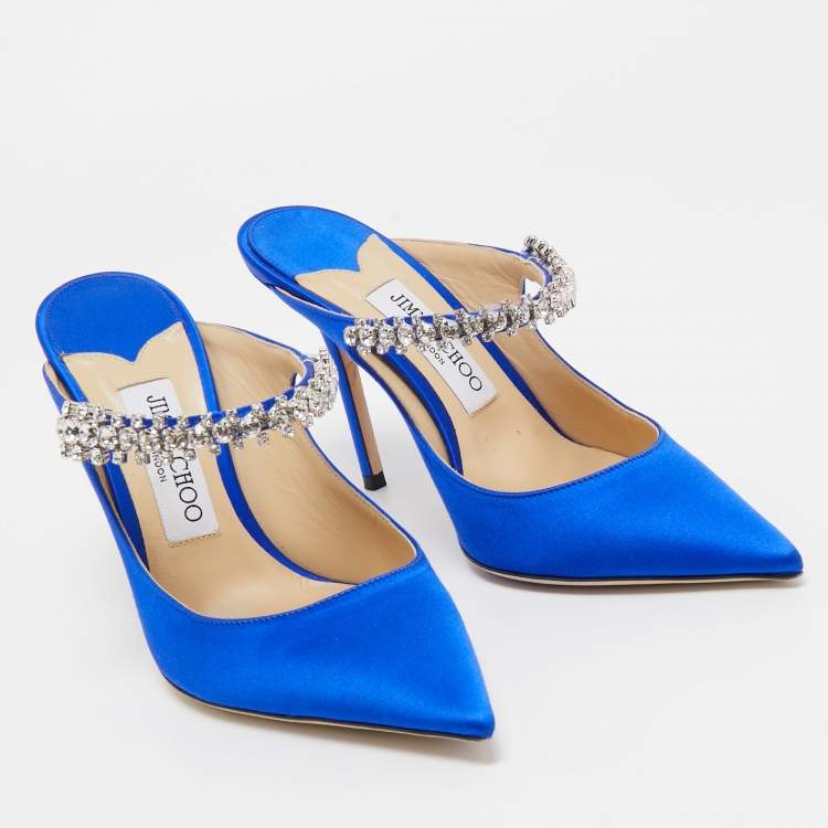 Pre Owned Jimmy Choo Blue Satin Crystal Embellished Bing Mules Size 37.5