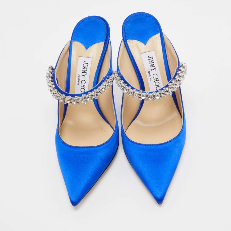 Pre Owned Jimmy Choo Blue Satin Crystal Embellished Bing Mules Size 37.5