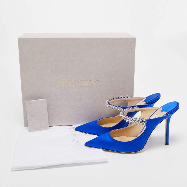 Pre Owned Jimmy Choo Blue Satin Crystal Embellished Bing Mules Size 37.5