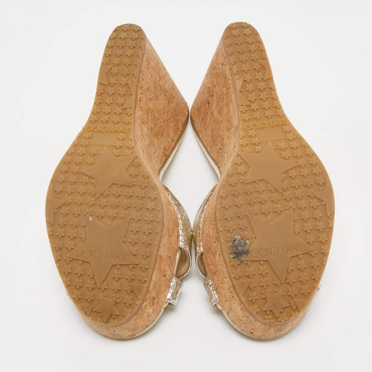 Pre Owned Jimmy Choo Gold Textured Leather Perfume Wedge Slide Sandals Size 37