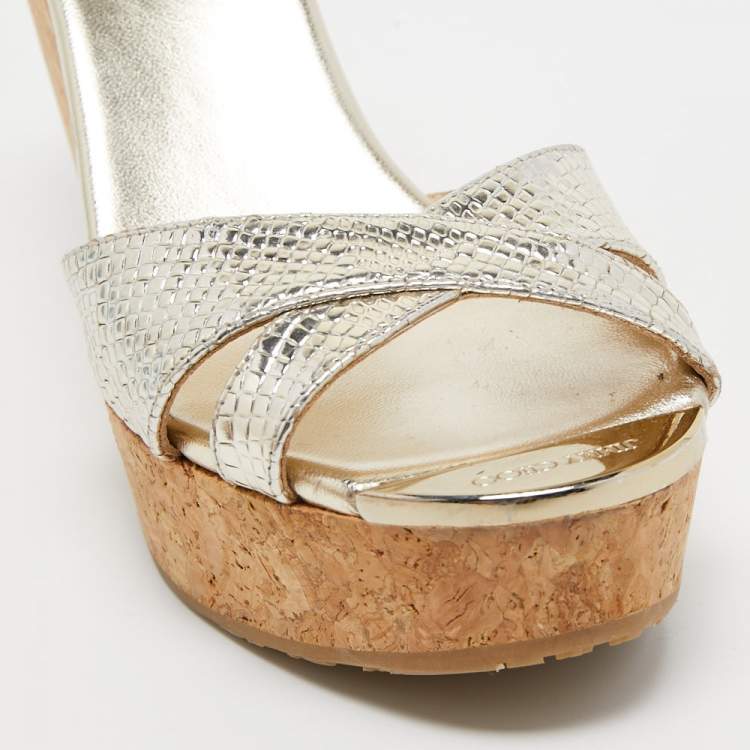 Pre Owned Jimmy Choo Gold Textured Leather Perfume Wedge Slide Sandals Size 37