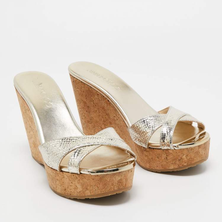 Pre Owned Jimmy Choo Gold Textured Leather Perfume Wedge Slide Sandals Size 37